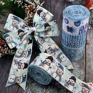 2.5 Inch/5 Yard Winter Wired Ribbon, 4 Styles Blue Snowman Gnome Snowflake Printed Imitation Linen f