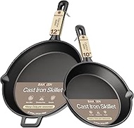 Bakken Cast Iron Skillet Set, 10" & 12" Pre-Seasoned Frying Pans with Even Heat Retention, Versatile