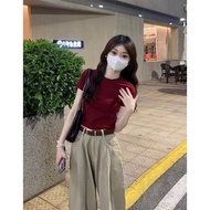 t shirt oversize t shirt lengan panjang perempuan t shirt budak perempuan t shirt ootd Burgundy baju-t-shirt wanita langsing bahagian atas, musim panas serba boleh dalam kad pinggang baju asas lengan pendek