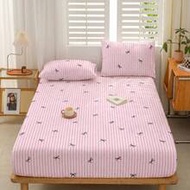 1pc Fashionable Pink Striped Bow & Polka Dot Pattern Fitted Sheet, Dust Cover, Bed Cover Suitable Fo
