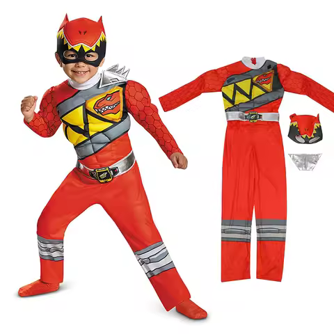 Dinosaur Team Red Power Dino Charge Ranger Superhero Muscle Jumpsuits Suits Cosplay Halloween Costum