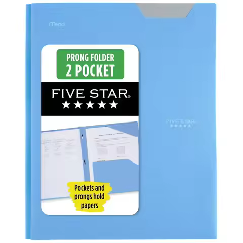 Five Star Poly Pocket Prong Portfolio Sky Blue 2 Pocket 3 Prong Letter Size School Office