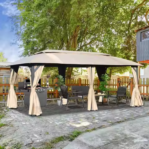Domi Gazebo 10x20FT, Outdoor Gazebo with Double Roofs, Privacy Curtains, Mosquito Nettings, Heavy Du