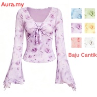 🌟Aura🌟Floral Blouse Women Glamorous T-Shirt Ditsy Floral Tie Front Knot Ruffle Hem T-Shirt for Women
