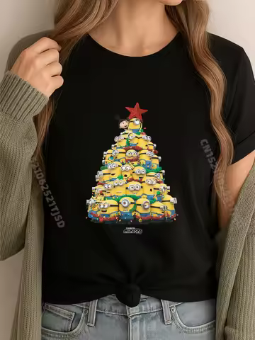 Minions Christmas Tree Shirts Graphic Tee Student Christmas Retro washed T-shirt Street
