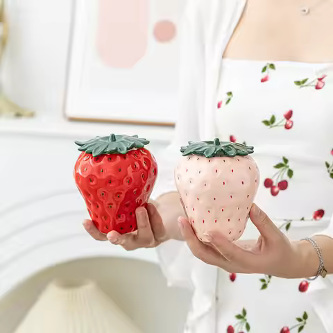 Strawberry shaped ceramic jar food storage jar tea jar sealed tea coffee jar spice nut snack sugar s