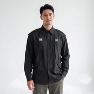 Utility Strap Long Sleeve Shirt Black White Shoulder Epaulette Metal Buckle Detail Modern Streetwear