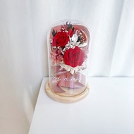 母親節禮盒/客製化禮物 LED玫瑰花束永生花鐘罩 -寶石紅-包裝2