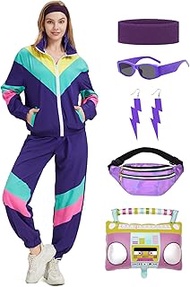 80s Tracksuit for Women Retro Windbreaker Outfit 90s Color Block Sportswear Set with Jacket Sweatpan