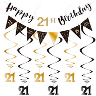 21st Birthday Decoration Kit - Happy 21st Banner Bunting Swirls Streamers, Triangle Flag Banner for 