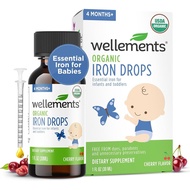 Wellements Organic Iron Drops for Newborn+ Babies (1 Fl Oz) - Cherry Flavor Liquid Iron Supplement f