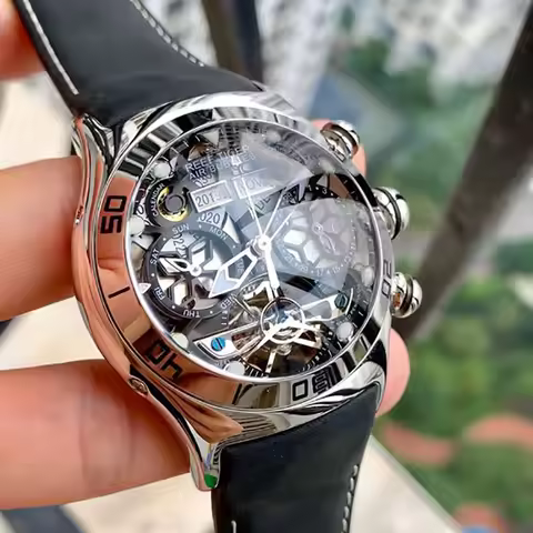 Reef Tiger/RT Luminous Sport Automatic Watches For Men Steel Tourbillon Year Month Calendar Sapphire