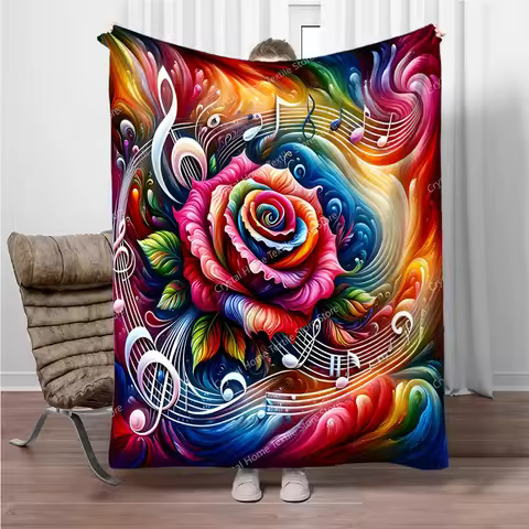 Multicolor Floral & Musical Notes Design Flannel Fluffy Throw Camping Blankets for Children Sofa Thr