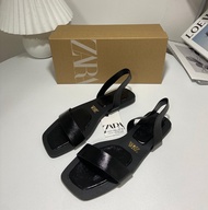 Genuine NEW ZARAˉ Metal Flat Shoes Womens Sandals 2024 Summer New Flat Slippers Square Toe With Open