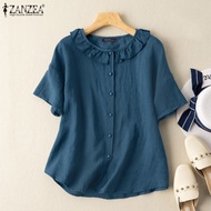 ZANZEA เสื้อผู้หญิงผ้าฝ้ายฤดูร้อนแขนสั้นนัวเนียคอกลมปุ่มลงเสื้อเสื้อ #2