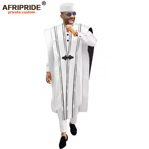 African Men Clothing Agbada Robe Dashiki Shirts Ankara Pants Tribal Hat Wedding Evening Outfits 4 Pi