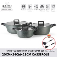 iGOZO Signotec Non Stick Granite Casserole Pot Set (20cm, 24cm, 28cm) [Free Nylon Spatula+Soup Ladle]
