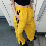 COD Lovito Casual Striped Basic Pants for Women LNA24038 (White/Yellow) Celana Basic Bergaris Kasual