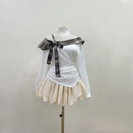 Women's Blouse Set Big Size Off Shoulder Collar with Checkered Bow Mixed with Youthful Style Skirt 5