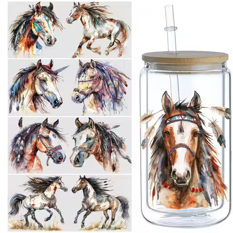 5 Sheets Native Horse UV DTF Cup Stickers, Glass Cup DTF Transfer Stickers, Waterproof Wipe-Off Tran