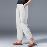 【มีไซส์ใหญ่】Plus Size Cotton&amp;Linen 5XL Womens Solid Color Ankle Pants Fashion Elastic Waist Casual Harem Ankle Trousers