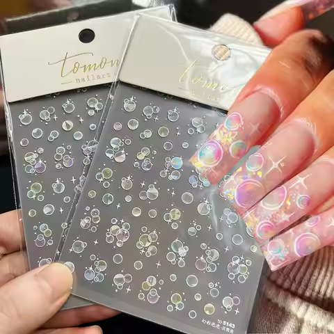 5D Embossed Iridescent Water Bubbles Nail Sticker Cute Colorful Bubble Star Nail Decals 8*10cm Self 
