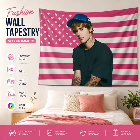 Y2KAestheticsCoolBoy Justin B-Bieber Portrait FlatPrintTapestryPink StarsStripes Flag Wall Hanging f