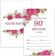 90th Birthday Invitation Cards for Women Men, 90 Years Old Birthday Invites for Adult, Rose Floral B
