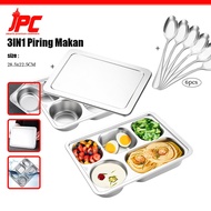 JPC 3IN1 Stainless Steel Dinner Plate Set with 5 Compartments + Thick Stainless Lid + 6PCS Stainless