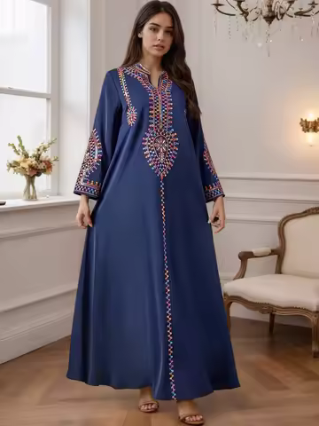 2025 Hot Sell Moroccan Style Islam Women Navy Blue Abaya Intricate Hand Embroidered Patterns for Ara