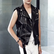 Nightclub Stage Vest Sleeveless Leather Jacket Leather Vest Men's Vest Rock Zipper Lapel Vest Plus V