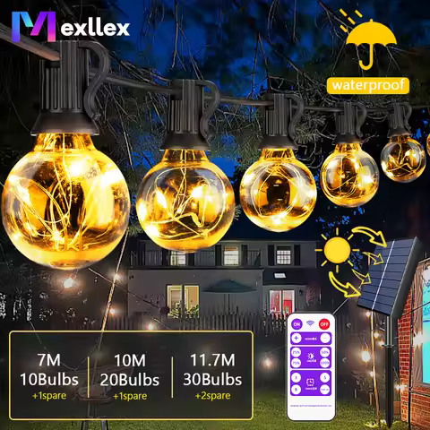11.7m G40 Outdoor Solar String Lights with 32(30+2) Pcs of Shatterproof Waterproof Bulbs, Hanging La