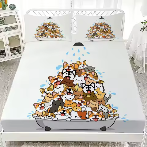 Cute Cat And Dog Pile Fitted Sheet Set White Cartoon Animal Print Bedding With Pillowcases For Kids