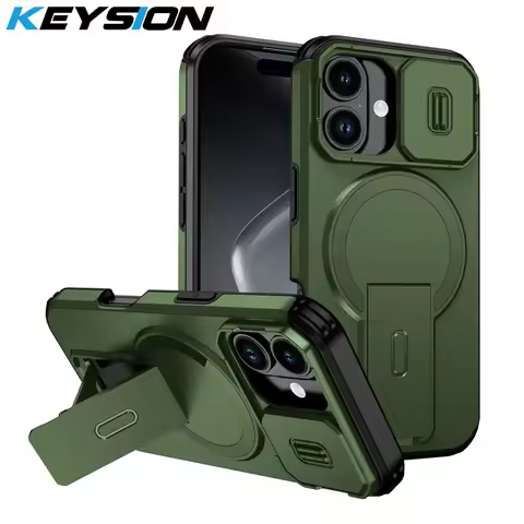 KEYSION Shockproof Armor Magnetic Case for iPhone 17 16 Plus Slide Camera Protect Kickstand Wireless
