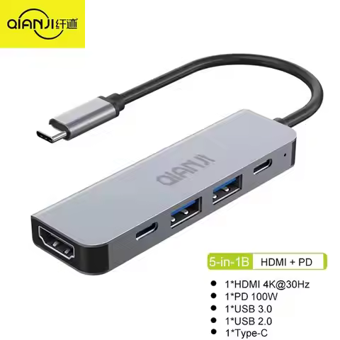 Usb C Hub Multiport Adapter 5 in 1 with HDMI 4K typec 3.0 Ports and 100W Power Delivery Qianji HUB 5