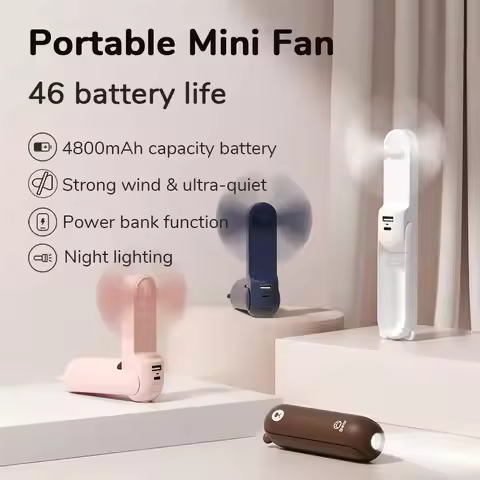 Portable Fan Mini Handheld Fan USB 4800mAh Recharge Hand Held Small Pocket Fan with Power Bank Flash