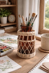 日系北歐風 純天然藤手工編織 咖啡色玻璃花瓶 刀叉餐具筒 化妝刷