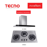 (HOOD + HOB) Tecno KA 9008 / KA9008 90cm Round Profile Chimney Cooker Hood with LED Sensor Touch Controls + Tecno SR 98SV / SR98SV (90cm) 3-Burner Stainless Steel Cooker Hob