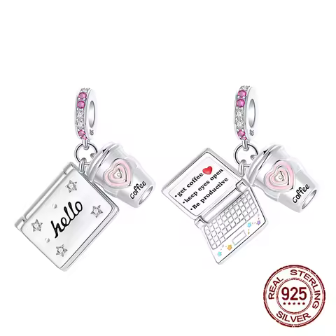 925 Sterling Silver Hello Computer Coffee Cup Office Supplies Pendant Charm Fit Original Charms Brac