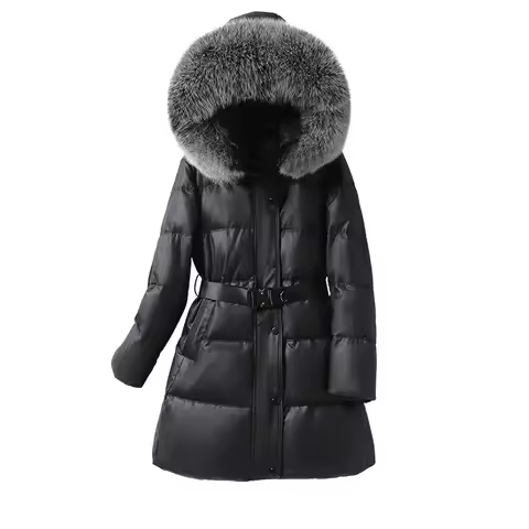 Genuine Leather Down Jacket Women Winter Natural Fox Fur Collar Hooded Lady Lace-up Belt White Duck 