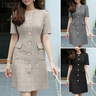 Esolo ZANZEA สไตล์เกาหลีของผู้หญิงทำงานแขนสั้นชุดคอตัว O ผู้หญิงชุดมินิเดรสสำนักงานธรรมดา KRS #11