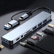 8 In 1 USB C Hub USB 3.0, with 1 X USB 3.0, 3 X USB 2.0 and 1 X USB C, SD/TF Card Reader, 3.5mm Aux 