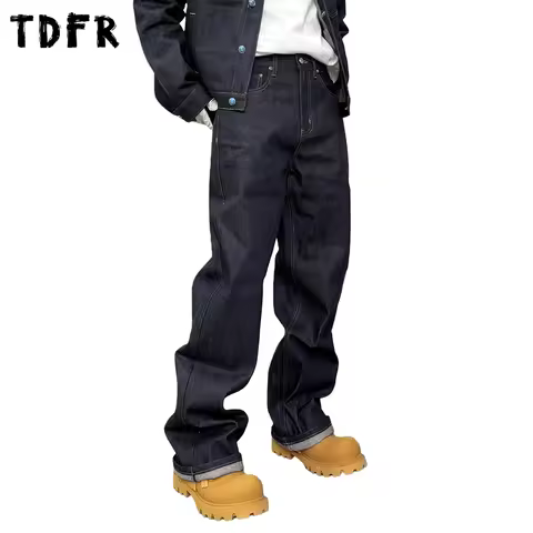 Retro Cargo Jeans Mens Button Decoration Casual Simple Pocket Straight Raw Denim Pants Man Trousers