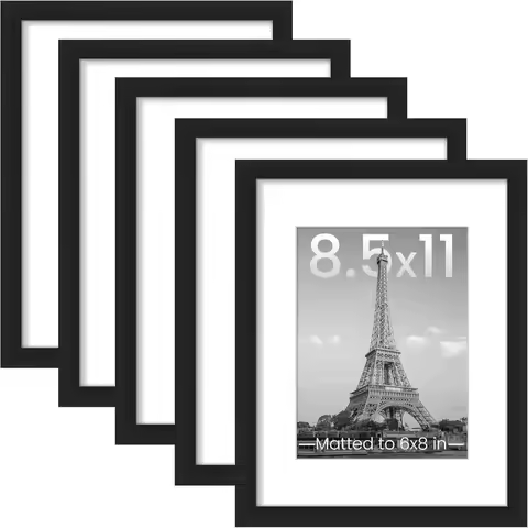 8.5x11 Picture Frame Set of 5, Display 6x8 with Mat or 8.5x11 Without, Wall Gallery Photo Frames, Bl