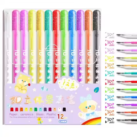 Assorted 12 Colors Gelly Roll Glaze Gel Pen Set 3D Jelly Pen Glossy Pen Waterproof Roller Ball Pen S