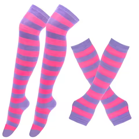 Women Striped Stocking Arm Sleeve Gloves mittens Set Thigh High Socks Ladies Girls Black White Long 