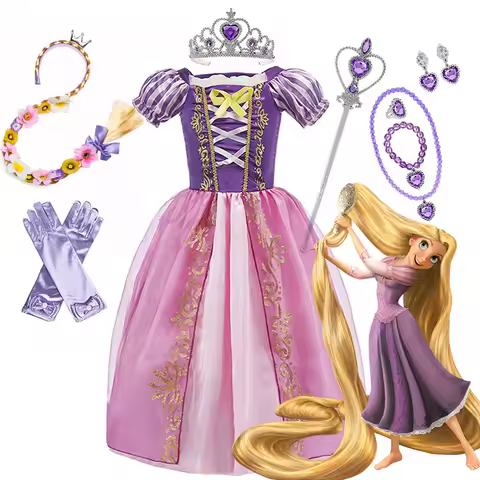 Disney Rapunzel Princess Dress for Kids Girl Purple Puff Sleeve Cosplay Tangled Costume Vestido Chil
