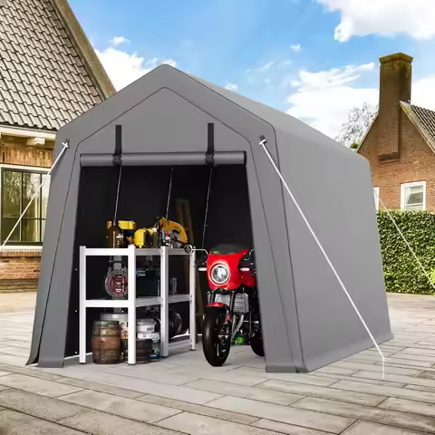 6x8FT Portable Outdoor Garage Waterproof UV-Resistant Portable Storage Shed with 2 Roll-Up Doors Car