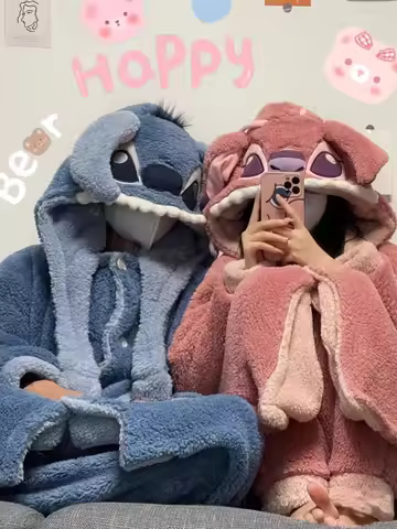 Stitch Coral Velvet Couple Cartoon Pajama Women Winter Edition Thick And Velvet Long Pajama Men Warm