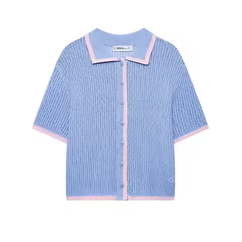 Willshela Women Fashion Blue Single Breasted Knitted Sweater Vintage Polo Collar Short Sleeves Femal